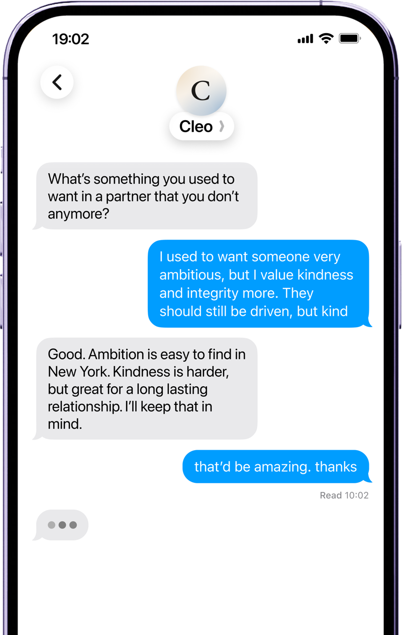 Cleo texting a member in iMessage